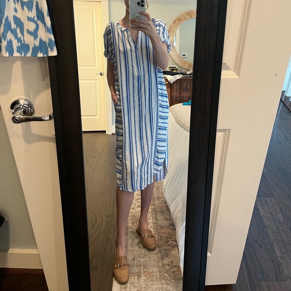 Nottibianche blue and white striped maxi dress with subtle silver shimmer.